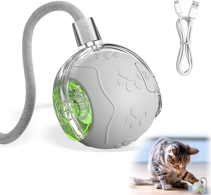 Interactive Cat Toys for Indoor Cats, 2025 New Interactive Cat Toys, Intelligent Automatic Rolling Pet Ball, Automatic Obstacle Avoidance Cat Toy Ball with Rope, Three Modes Adjustment (gray)-Mewly Pet