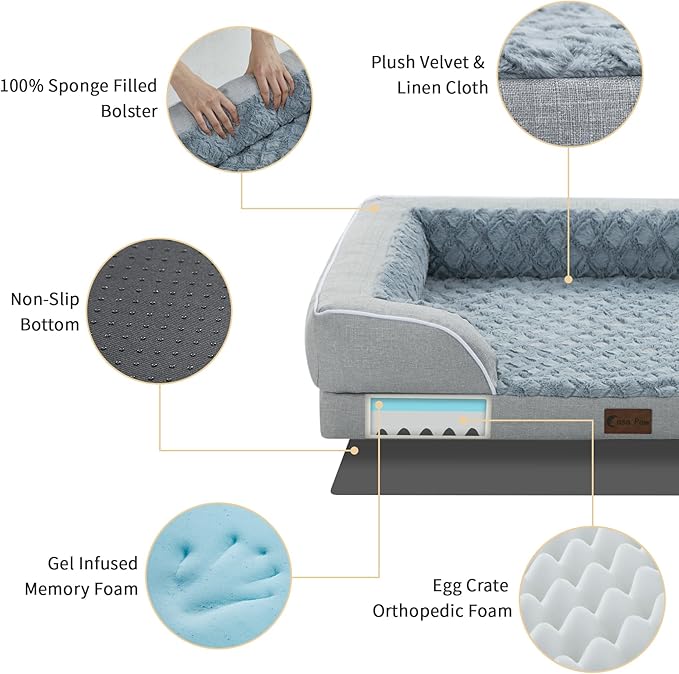 Orthopedic XL Dog Beds for Extra Large Dogs, Waterproof Memory Foam Dog Beds with Sides, Non-Slip Bottom and Egg-Crate Foam Big Dogs Couch with Removable Washable Cover(X-Large,Light Grey)-Mewly Pet