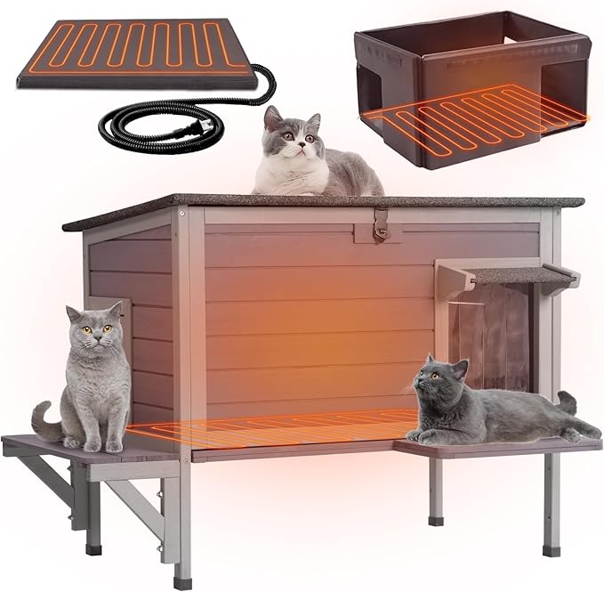 GUTINNEEN Heated Cat House Outdoor Cat House Insulated Weatherproof Feral Cat Shelter with Heated Pad and All-Round Thermal Liner for 1-3 Cats (Winter-Ready)-Mewly Pet