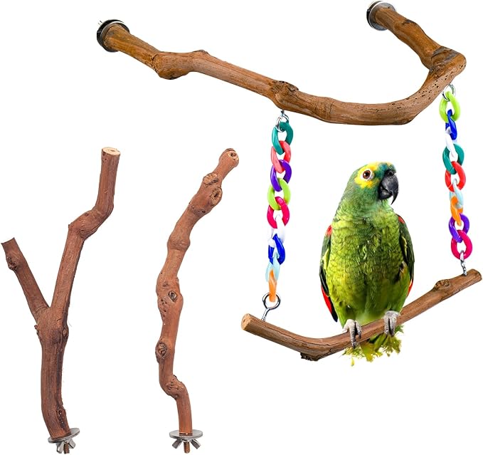 Bird Swing Toys, Standing Bird Perch with Natural Grape Wood, U Shape Hangable Birdcage Accessories, Birds Chewing Toy for Budgerigars, Parakeets, Cockatiels, Conures, Lovebirds, Finches (3Pack)-Mewly Pet