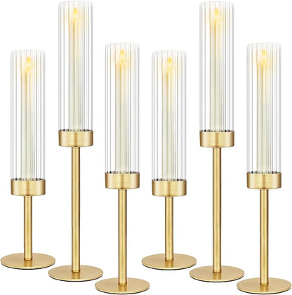 Glass Hurricane Candlestick Holders Gold, KSWING Set of 6 Taper Candle Holders Brass Tall Clear Candle Stand Holders, Perfect for Table Centerpiece Party Wedding Christmas Home Decor