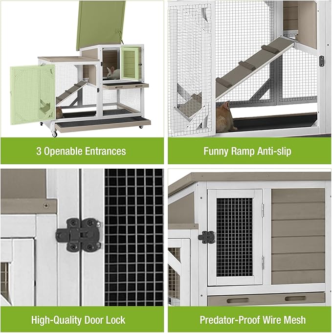 GUTINNEEN 2-Story Rabbit Hutch with Chew-Proof Ramp & Pull-Out Trays - Indoor/Outdoor 39.3" Wooden Rabbit Cage on Wheels for Rabbits, Guinea Pigs (Light Brown)-Mewly Pet