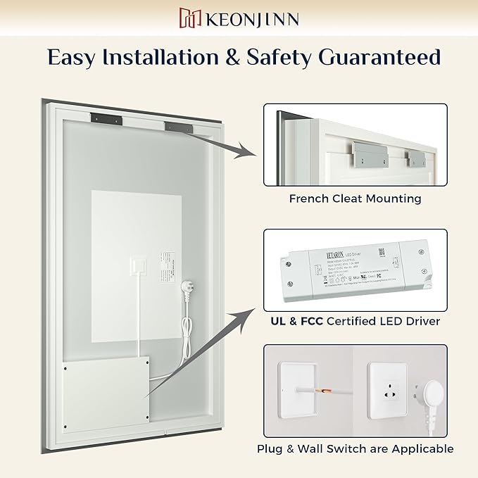 Keonjinn Bathroom Mirror with Lights 40 x 28 Inch, LED Mirror with Backlit, Anti Fog Lighted Mirror with Stepless Dimmable, UL Listed LED Driver, Waterproof, CRI90+, HD Tempered Glass