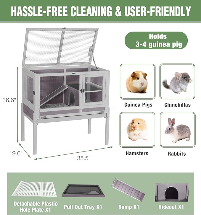 GUTINNEEN Guinea Pig Cage Rabbit Cage Indoor with Chew-Proof Edges, Clean Deep Tray, Leakproof PVC Layer, Small Animals Cage with Adjustable Legs - Grey-Mewly Pet