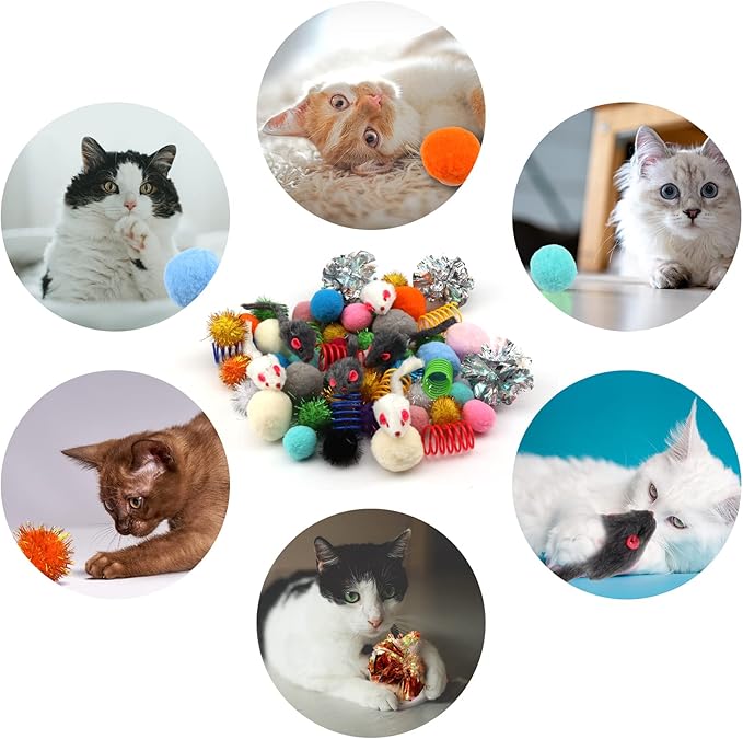 60 Pack Cat Toys - Assorted Kitten, Mouse, Crinkle & Pom Pom Balls-Mewly Pet