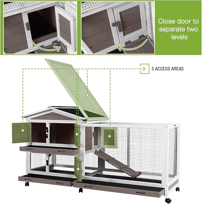GUTINNEEN Rabbit Cage Indoor Bunny Hutch with Chew-Proof Ramp - 2 Story Guinea Pig Cages Outdoor with 6 Wheels, Leakproof Pull-Out Tray for Rabbits, Guinea Pigs (Brown)-Mewly Pet