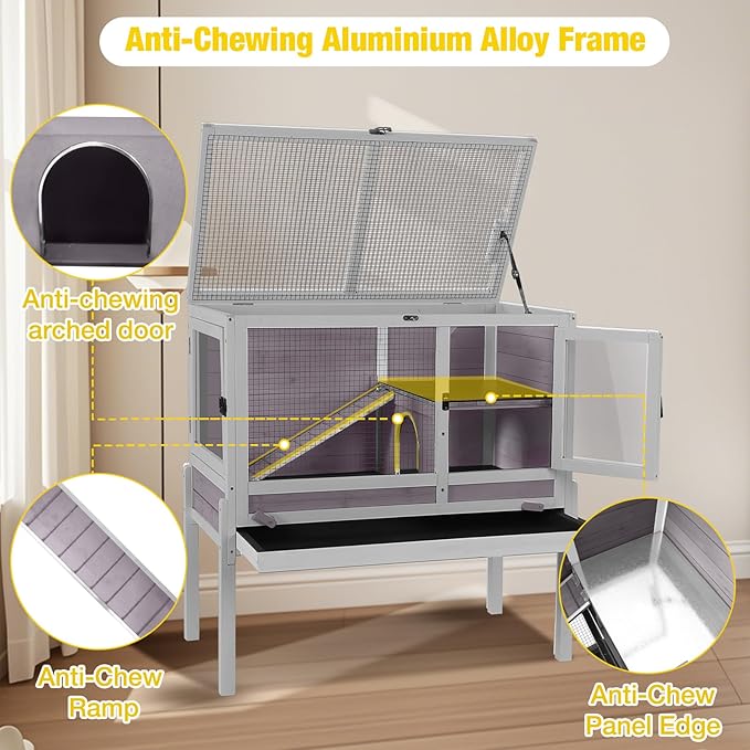 Aivituvin 2-Story Rabbit Hutch with Anti-Chew Ramp & Zinc Sheet - 36.6" Indoor Guinea Pig Cage, Wooden Stand, Pull-Out Tray & Leakproof Floor (Grey)-Mewly Pet