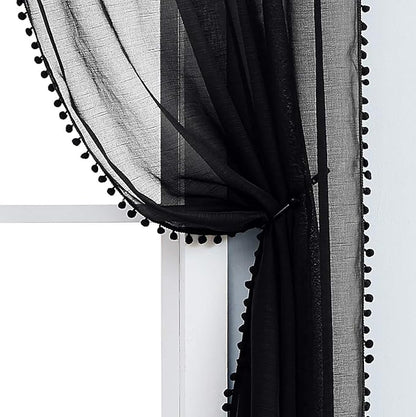 Treatmentex Modern Black Sheer Curtains for Studio 72 inches Long Bedroom Curtain Panels Living Room Bedroom Pom Pom Window Drapes 2-Pack