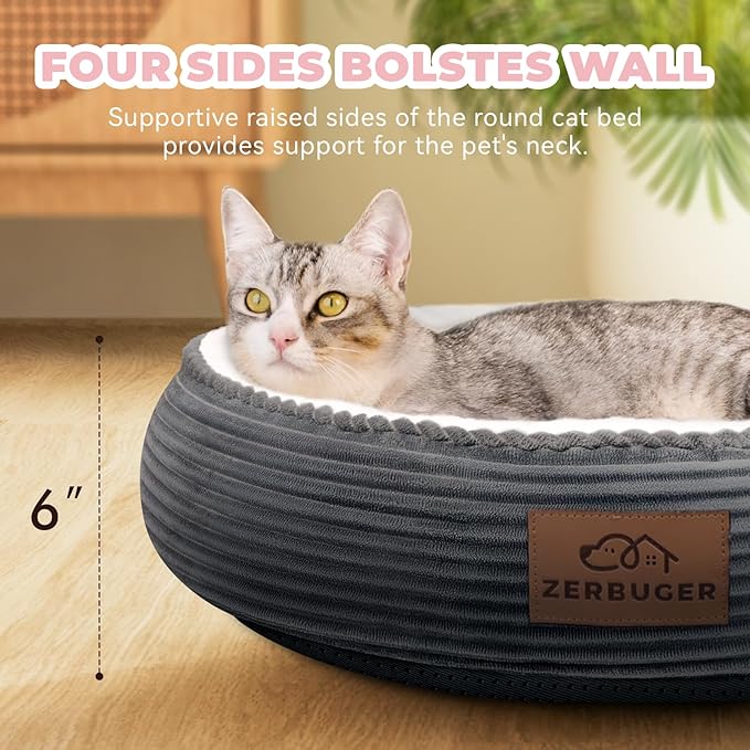 20in Washable Cat Beds for Indoor Cats - Round Donut Pet Bed for Cats, Small Dogs, Puppy, Kitten - Anti-Slip Bottom, Calming Bed Gift - Dark Grey-Mewly Pet