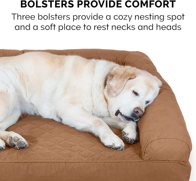 Furhaven Cooling Gel Dog Bed for Medium/Small Dogs w/ Removable Bolsters & Washable Cover, For Dogs Up to 35 lbs - Quilted Sofa - Toasted Brown, Medium-Mewly Pet