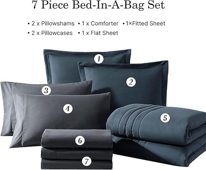 Monbix King Size Comforter Set - 7 Pieces Bed in a Bag King, Blue Gray Bedding Sets with Comforter, All Seasons Comforter Bed Set with Sheets, Pillowcases & Shams
