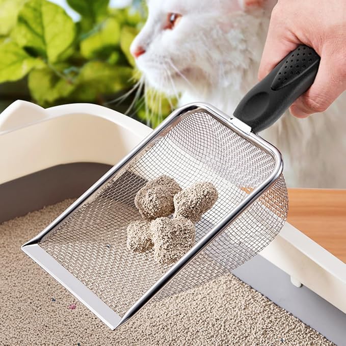 Cat Litter Scoop,Sturdy Litter Cleaner Corner Shovel,Stainless Steel Mesh Litter Shovel,Easy to Clean Reptile Terrarium Sand Waste,Beach Shovel(Black)-Mewly Pet