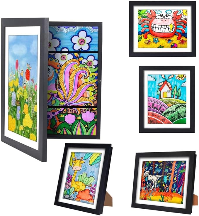 Kids Art Frames - Changeable Front Opening Holds 150, 10x12.5 Picture Frame for Displaying Kids' Artwork, Drawing, With Storage (White)