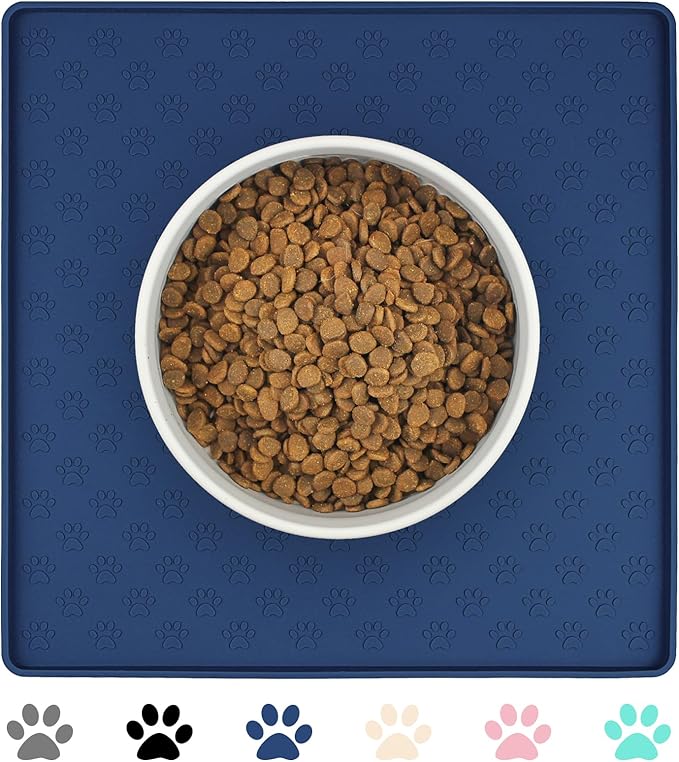 Ptlom Pet Placemat for Dog and Cat, Waterproof Non-Slip Silicone Feeding Bowl Mat Prevent Food and Water Overflow, Puppy Dish Feeder Fountain Trays Suitable for Medium and Small Pets, Navy Blue-Mewly Pet