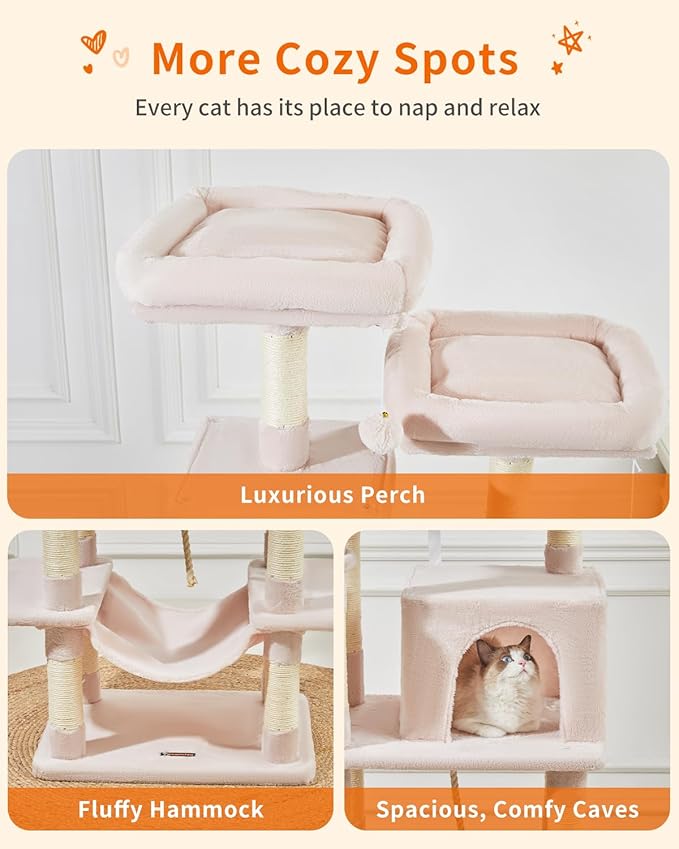 TaoqimiaoCat Tree Cat Tower for Indoor Cats, Plush Multi-Level Cat Condo with 12 Scratching Posts, 2 Perches, 2 Caves, Hammock, 2 Pompoms Jelly Pink-Mewly Pet