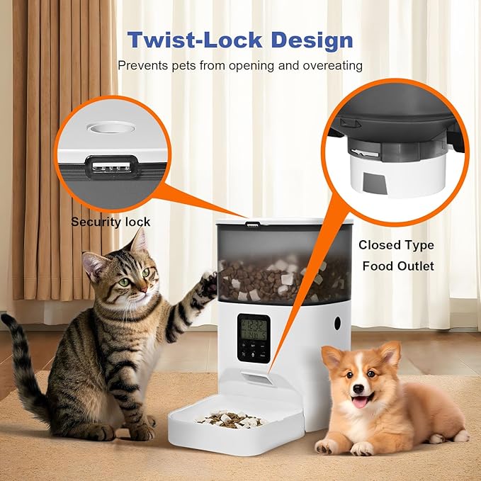 Automatic Cat Feeder, 4L Cat Food Dispenser with 10s Voice Recorder, Pet Feeder up to 8 Meals per Day, Timed Dog Feeder with Dry Food Sealed Ring (White, 4L-Basic)-Mewly Pet