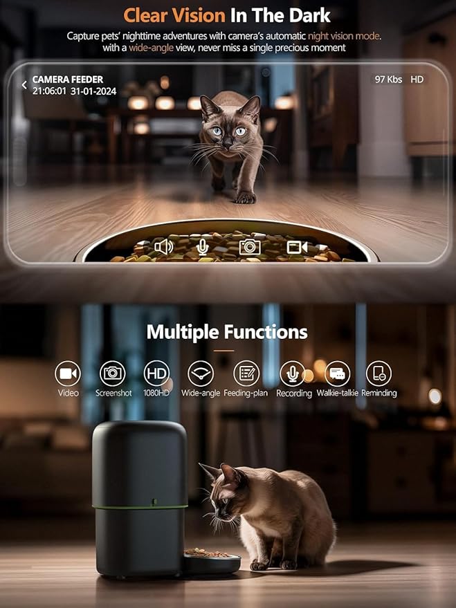 Automatic Cat Feeder with Camera - 5G WiFi Auto Cat Food Dispenser, 1080P HD Video with Night Vision, 1-15 Meals, 1-99 Portions, 2-Way Audio, Keeps Food Fresh, 4L Timed Pet Feeder Also for Dogs-Mewly Pet