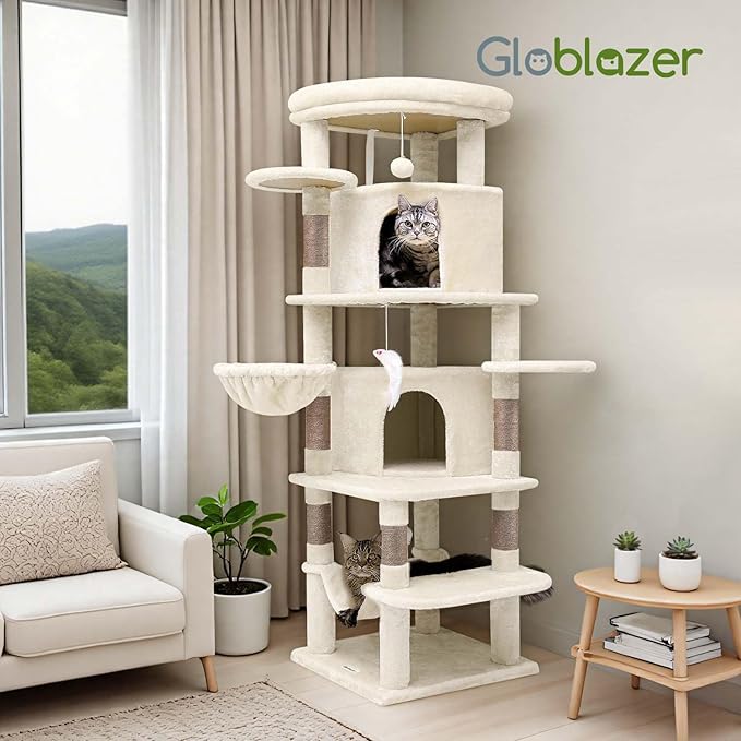 Globlazer Corner Cat Tree Tower for Large Cat, 66inch Tall Large Cat Tree Condo for Multiple Indoor Cats with 6 Scratching Posts, 2 Spacious Cat Condos, Soft Hammock, Hanging Basket, C66, Light Beige-Mewly Pet