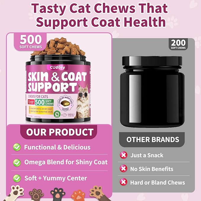 Natural Skin and Coat Support for Cats - Crunchy & Creamy Chews with Omega 3, Biotin & Vitamin E for Healthy Skin, Shiny Fur, Cat Supplements & Vitamins -Chicken（500 Chews-Mewly Pet