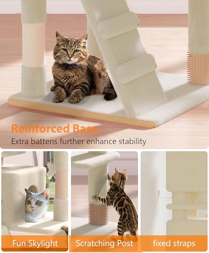 77'' Cat Tree Tower for Indoor Cats Large Adult, Cute/Tall Modern Cat Tree for Big Cats 20 lbs, Plush Multi-Level Cat Condo with Scratching Posts, Dangling Ball for Fun Play (Beige, 77 inch)-Mewly Pet