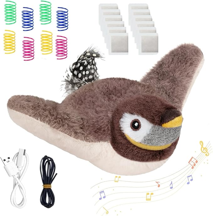 Cat Toys, Flapping Bird Cat Toy(No Flying), Interactive Catnip Toy with Springs & Catnip Bags, Chirping Noise Enrichment Moving Wings Dog Cat Kitten Toys, Flappy Flying Pets Toy for Indoor-Mewly Pet