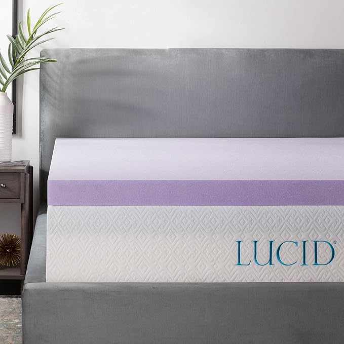 LUCID 3 Inch Lavender Infused Memory Foam Mattress Topper, Queen Size – Ventilated Design – Pressure Relieving Bed Topper - Mattress Pad – CertiPur Certified