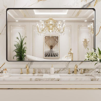 LOAAO 50X30 Inch Black Metal Framed Bathroom Mirror for Wall, Matte Black Bathroom Vanity Mirror Farmhouse, Large Rounded Rectangle Mirror, Anti-Rust, Tempered Glass, Hangs Horizontally or Vertically