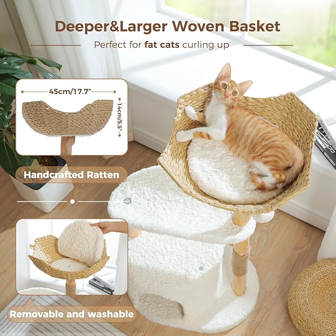 PAWZ Road Cat Tree for Indoor Cats Large Adults,38 Inches Modern Cat Tree Tower with Spacious Wicker Basket,Natural Solid Wood Scratching Posts,Curved Bed,Luxury Cat Condo for Large Cat-Mewly Pet