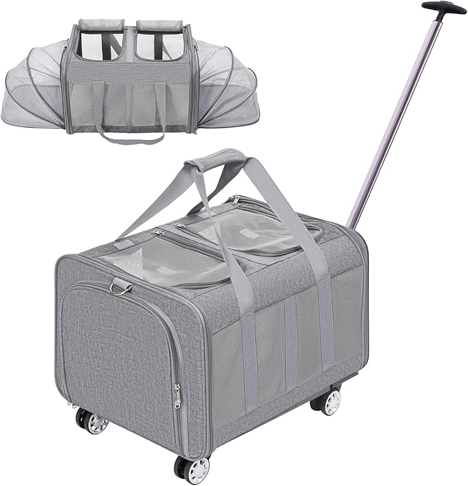 Expandable Pet Carrier with Wheels, Double Cat Dog Carrier 21"x 17"x 16" up to 40 Lbs, Rolling Pet Carrier for Cats and Dogs, Extra Large Pet Travel Carrier, Ideal for Outdoor/Travel-Mewly Pet