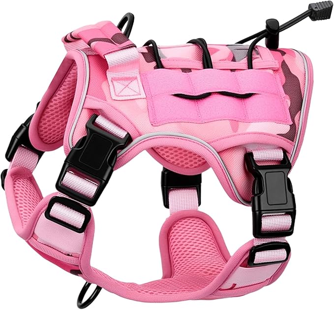 Heavy-Duty Tactical Dog Harness for Large Dogs, No Pull Adjustable Reflective Pet Vest with Molle System, K9 Military-Grade Control for Service Training, Outdoor & 10+ Breeds, Pink Camo, Small-Mewly Pet