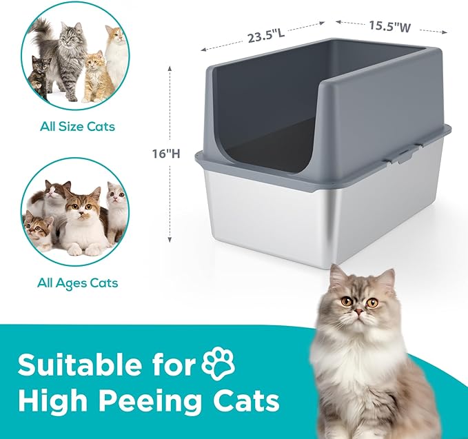 LIHONG Stainless Steel Litter Box with Lid, XL Metal Cat Box for Indoor Cats, Enclosure Cat Litter Pan for Large Cats, Non-Sticky Large Kitty Litter Box, Anti-Leakage, 23.5" X 15.5" X 16"-Mewly Pet