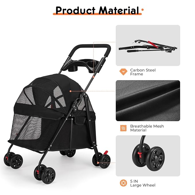 Foldable Pet Stroller for Small/Medium Pets up to 22 lbs - Lightweight 4-Wheel Design with Sun Canopy, Storage Bag & Breathable Mesh-Mewly Pet