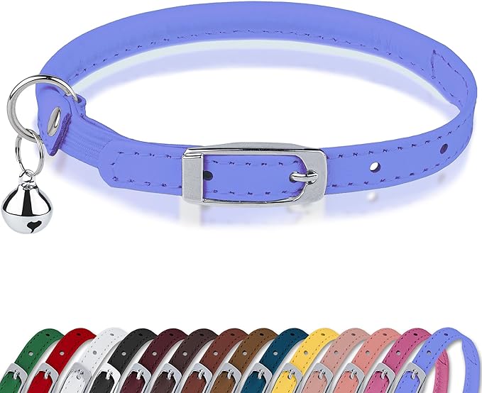 OOPSDOGGY Rolled Leather Cat Collar with Bell, Reflective Kitten Collars with Buckle Include Safety Elastic Strap - Adjustable Small Pet Collars for Boy Girl Cats (Lilac)-Mewly Pet