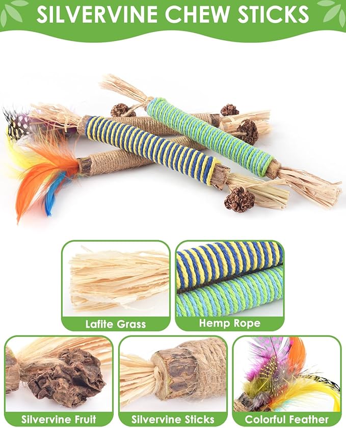 TINDTOP Catnip Chew Toys for Cats, 4 Pack Natural Silvervine Sticks for Kittens Teeth Cleaning, Matatabi Dental Care, Increase Appetite, Aggressive Chewers Cat Dental Toy-Mewly Pet