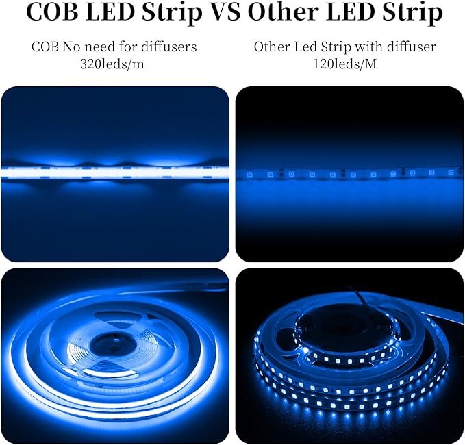 iNextStation COB LED Strip Light Blue 32.8ft/10M DC24V CRI 93+ Flexible LED Tape Lights 8mm for Bedroom, Kitchen, TV Backlight, Cabinet, Stage, Home DIY Lighting Decor(No Plug)
