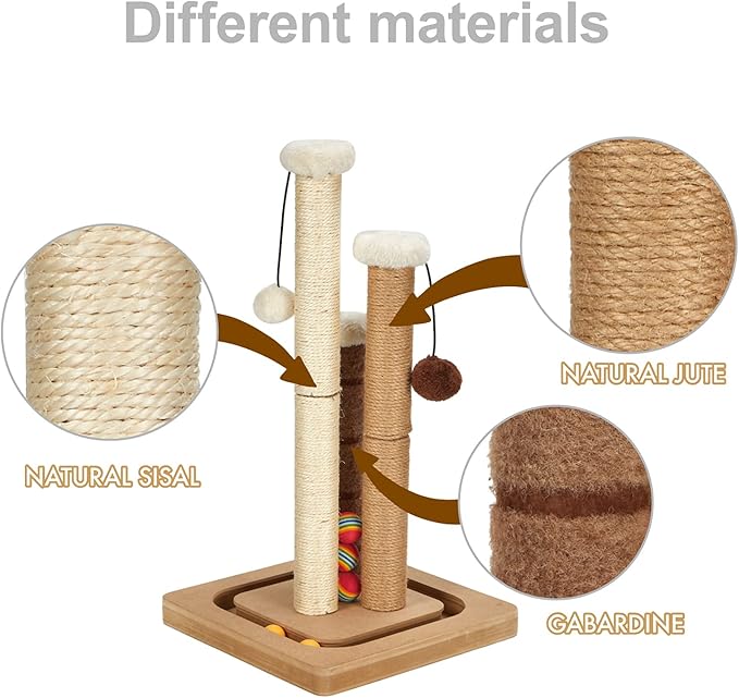 Cat Scratching Post Premium Natural Sisal Jute Carpet 3 Scratch Posts with Interactive Track Ball Base and Hanging Balls Toys Kitten Scratcher for Indoor Kittens and Small Cats-Mewly Pet