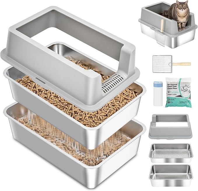Stainless Steel Sifting Litter Box with Lid, Metal Litter Pan with Scoop for Big Cats Multi Cat, Extra Large Cats Litterbox Odor Control Easy Clean (24 * 16 * 12inch-with Enclosure, X-Large)-Mewly Pet