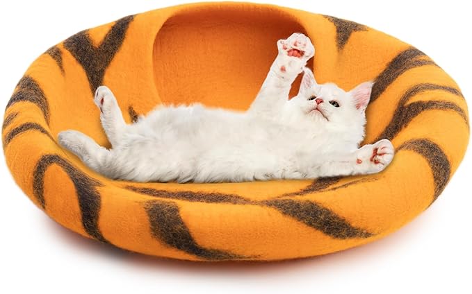Woolygon Premium Felt Cat Cave Bed – Wool Kitty Beds Handcrafted Kitten Caves Bed for Indoor Cats - Made from 100% Eco-Friendly Merino Wool, Foldable Cat Hidewawy Covered Cat House Pod-Mewly Pet
