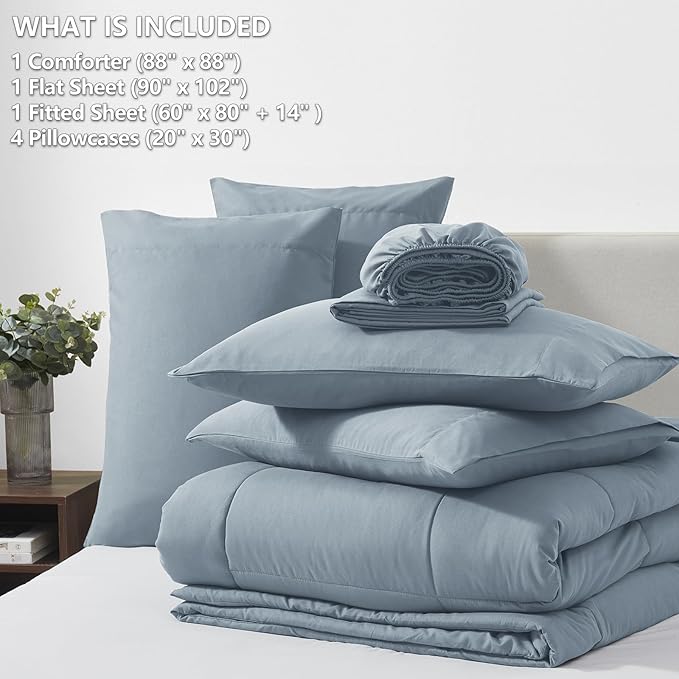 CozyLux Queen Comforter Set Grayish Blue, 7 Pieces Bed in a Bag, Blue Comforter Queen Size, All Season Bedding Sets with Stitch Quilted Comforter, Flat Sheet, Fitted Sheet, Pillowcases