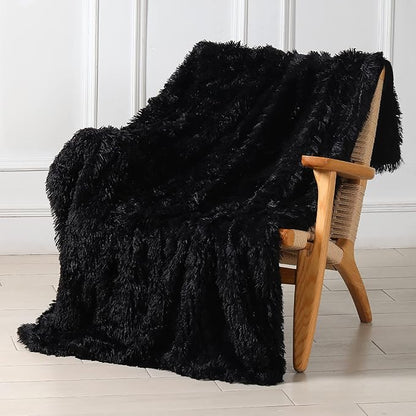 Tuddrom Decorative Extra Soft Faux Fur Blanket Queen Size 80" x 90",Solid Reversible Fuzzy Fluffy Cozy Plush Fleece Comfy Microfiber Fur Blanket for Couch Sofa Bed,Black