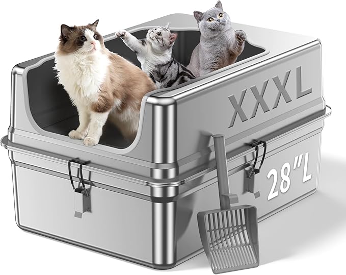 All-Metal 28" Extra Large Stainless Steel Cat Litter Boxes with Lid Metal Cat Litterbox Pan for Big Cats and Multiple Cats, Anti-Leakage, Easy Cleaning, Include Scoop-Mewly Pet