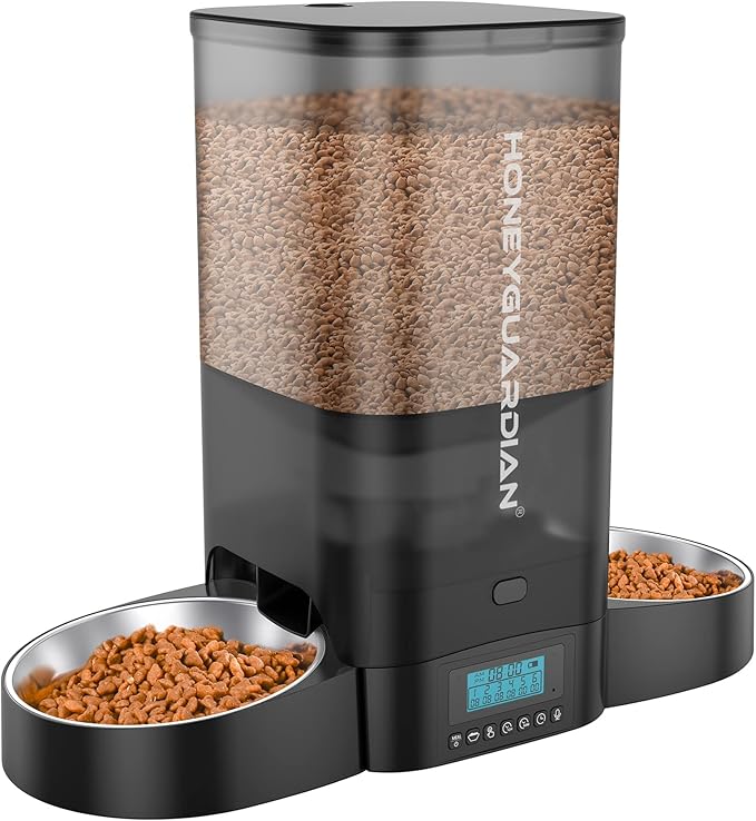 HoneyGuaridan 5L Automatic Cat Feeder for Two Cats, Cat Food Dispenser with Stainless Steel Bowl,Timed Feeder Programmable 1-6 Meals Control, Dual Power Supply,Desiccant Bag Black-Mewly Pet