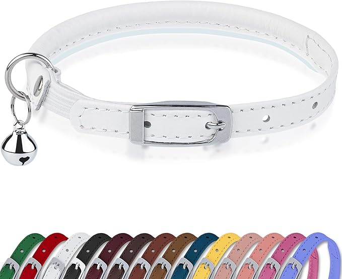 OOPSDOGGY Rolled Leather Cat Collar with Bell, Reflective Kitten Collars with Buckle Include Safety Elastic Strap - Adjustable Small Pet Collars for Boy Girl Cats (White)-Mewly Pet