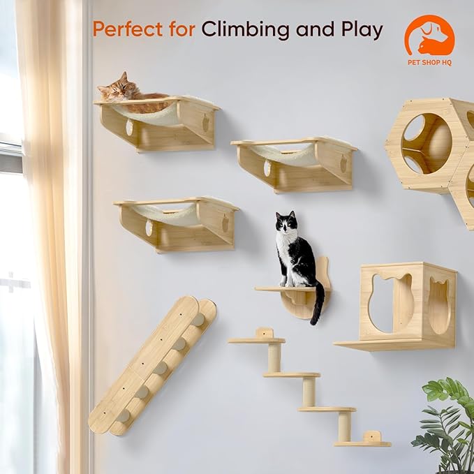 Cat Wall Furniture Set - Bamboo Shelves, Ladders, Cat House, Hammock & More - Space-Saving, Easy Installation, Up to 60lbs-Mewly Pet