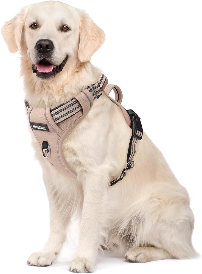 Funfox Dog Harness No Pull, Adjustable Pet Vest Harness, Super Soft Material with Vertical Handle Easy Control, Reflective Night Walking, 2 Leash Clips for Large Dogs, Brown, L-Mewly Pet