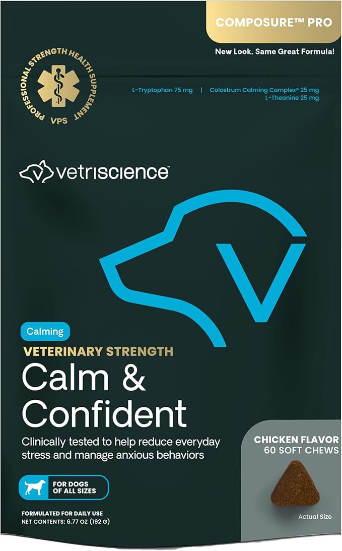 VETRISCIENCE Veterinary Strength Calm & Confident Chews - Stress Supplement for Pets - Supports Brain Function for Cats & Dogs - with L-Theanine, Thiamine & More - 60 Count-Mewly Pet