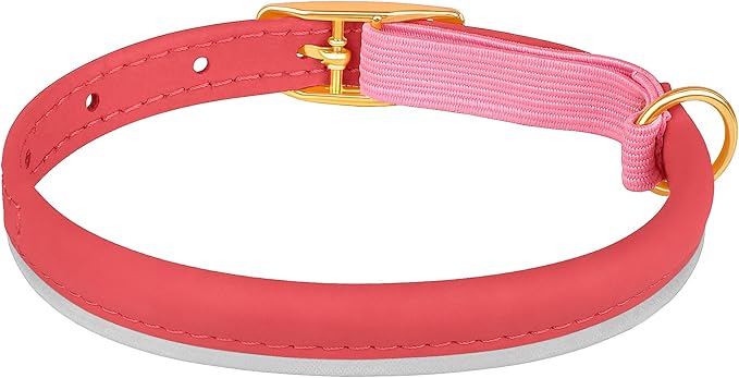 OOPSDOGGY Rolled Leather Cat Collar with Bell - Reflective Kitten Collar with Safety Elastic Strap - Adjustable Small Pet Collars for Boy Girl Cats (Pink)-Mewly Pet