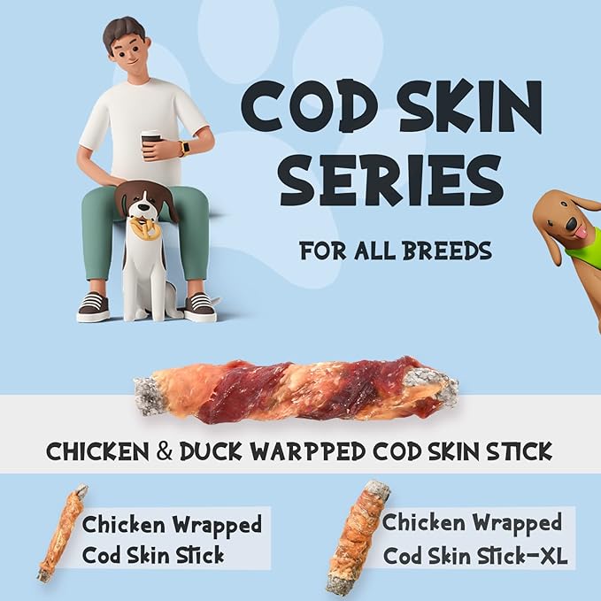 ASMPET Dog Treats Chews, Chicken & Duck Wrapped Cod Skin Sticks, Rawhide Free Cod Skin Treats for Dogs 10.6 oz-Mewly Pet