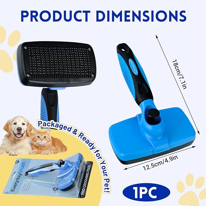 Large Self Cleaning Deshedding Brush for Dogs & Cats - One Button Hair Release Grooming Tool, Gentle Massage Brush for Long and Short Hair (Blue)-Mewly Pet
