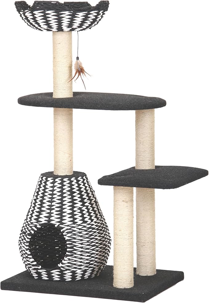 PetPals Ace 4-Level Multi-Activity Cat Tree with Handwoven Recycled Paper Rope Condo and Top Nest Bed, Replaceable Sisal Scratching Posts, Feather Teaser Toy, Black & White-Mewly Pet